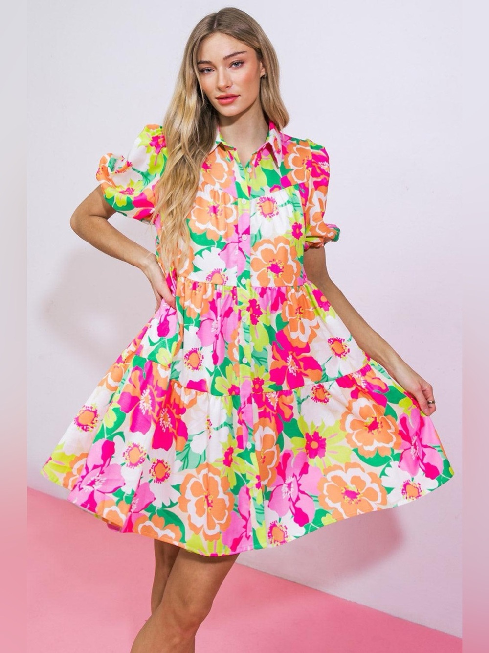 Flying Tomato Floral Babydoll Mini Dress Puff Sleeve Button Front M
